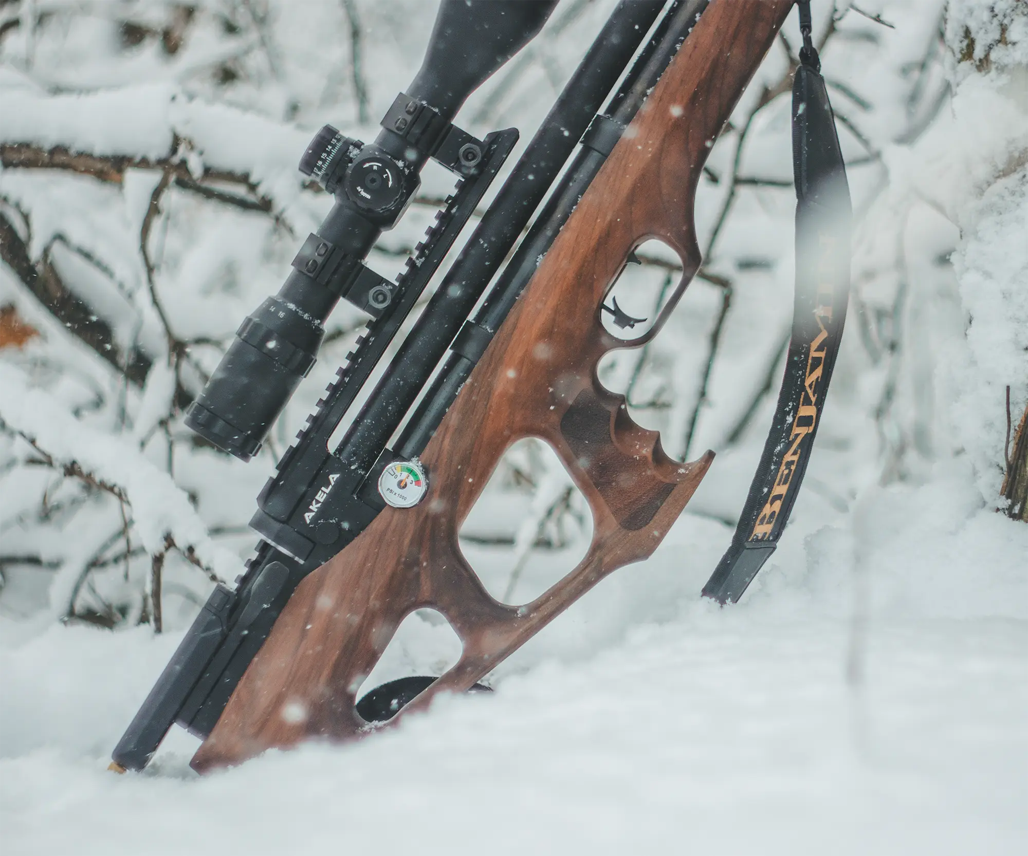 Benjamin Akela PCPC AIR Rifle BPA22W Outdoor Lifestyle Leaning on a Post