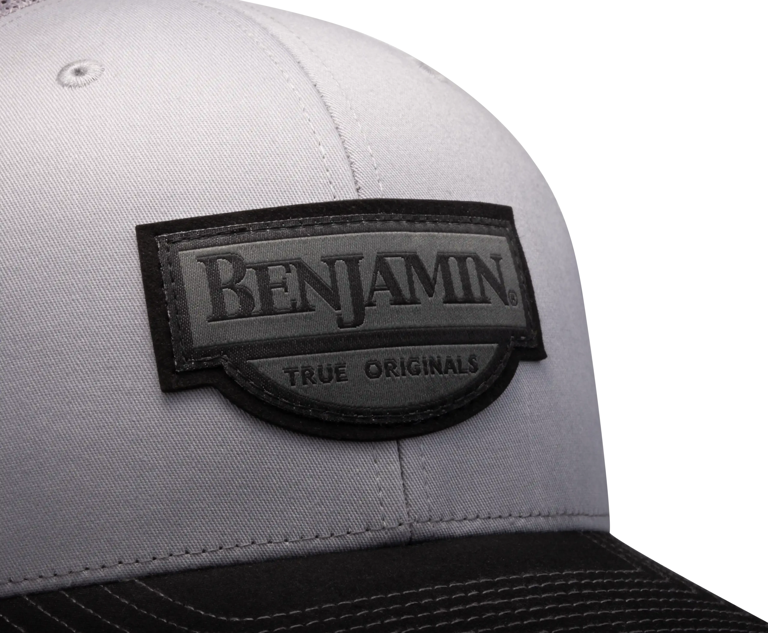 Close Up Angled View of Benjamin Trucker Hat Grey BENH02